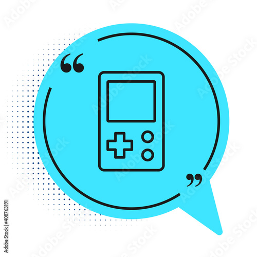 Black line Portable tetris electronic game icon isolated on white background. Vintage style pocket brick game. Interactive playing device. Blue speech bubble symbol. Vector.