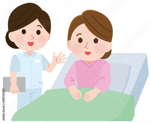 入院　看護士さんと話して安心する女性入院患者　イラスト