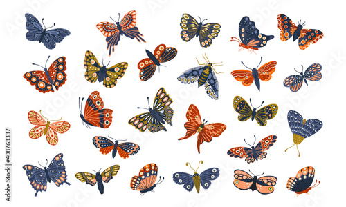 Set of colorful butterflies and moths isolated on white background.