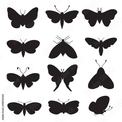 Hand drawn silhouettes of moths. Colorful set of insects isolated on white