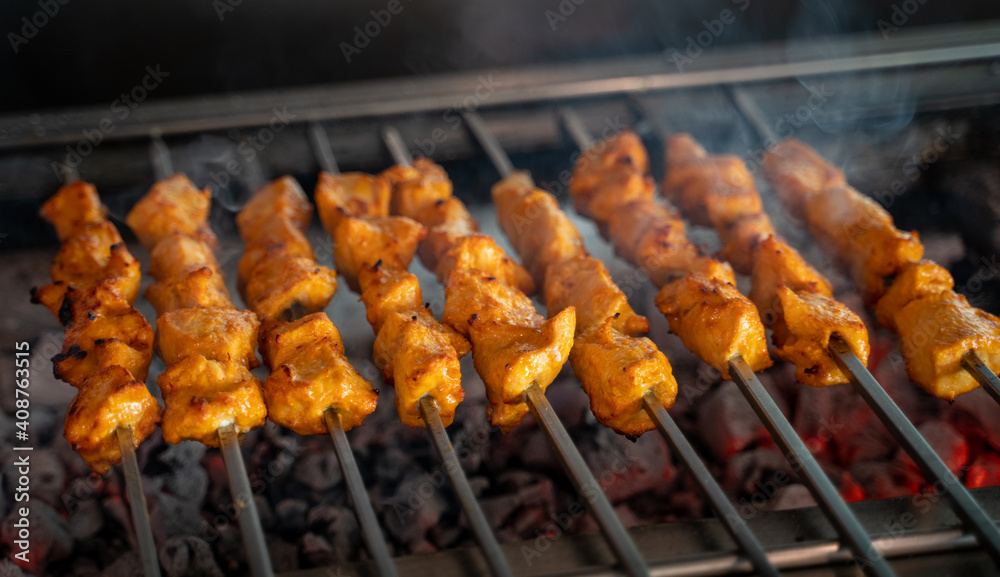 Arabic traditional food Shish taouk on the grill.