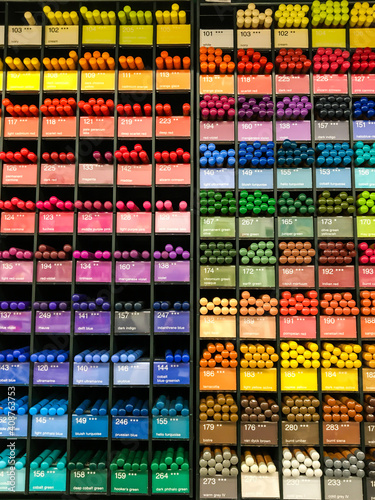 Assortment of colored pencils and markers in the store