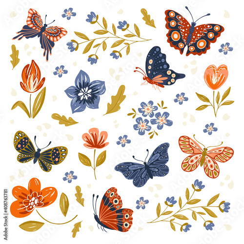 Hand drawn set of butterflies,moths and flowers . Colorful collection with insects and plants