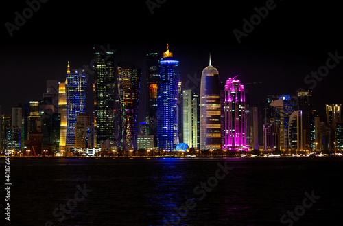 background image of qatar's capital city landmark during sunset.