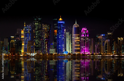 background image of qatar's capital city landmark during sunset. tourist destinations