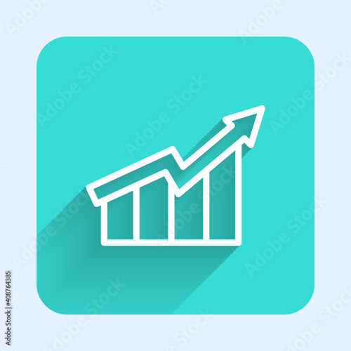 White line Financial growth increase icon isolated with long shadow. Increasing revenue. Green square button. Vector.