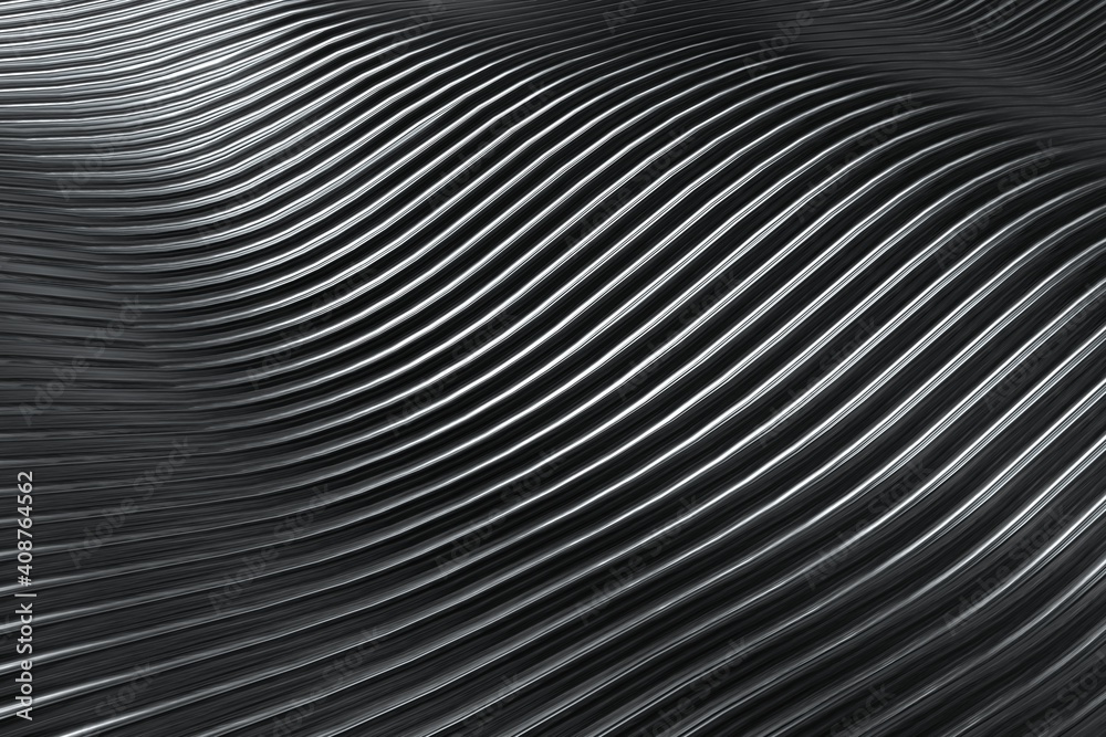 3D rendering closeup abstract black silver and white stripe slicing wavy background. Minimalism illustration concept. Graphic design wallpaper and backdrop 3D rendering closeup abstract black silver and white stripe slicing wavy background. Minimalism illustration concept. Graphic design wallpaper and backdrop
