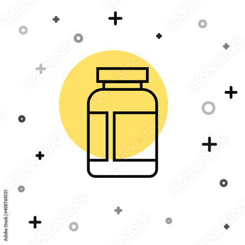 Black line Sports nutrition bodybuilding proteine power drink and food icon isolated on white background. Random dynamic shapes. Vector.