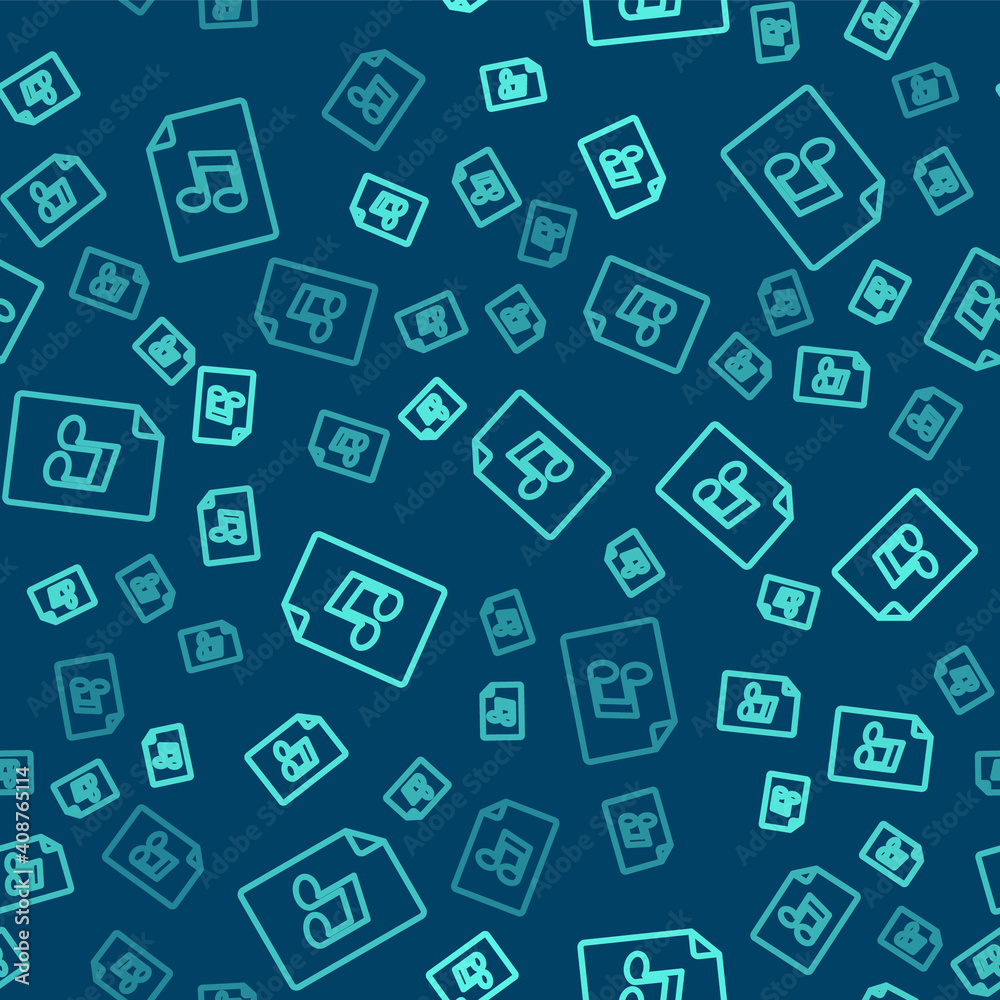 Green line Music book with note icon isolated seamless pattern on blue background. Music sheet with note stave. Notebook for musical notes. Vector. Green line Music book with note icon isolated seamless pattern on blue background. Music sheet with note stave. Notebook for musical notes. Vector.