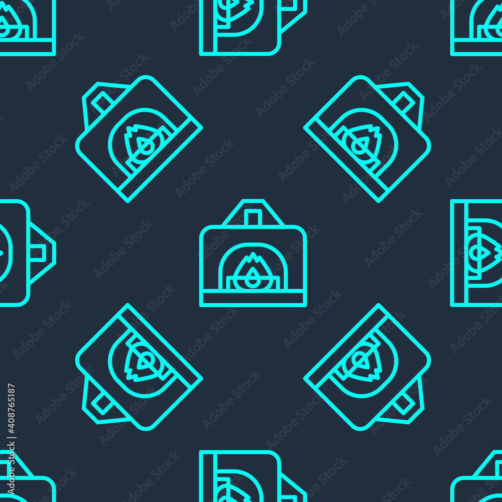 Green line Interior fireplace icon isolated seamless pattern on blue background. Vector.