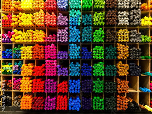 Assortment of colored pencils and markers in the store