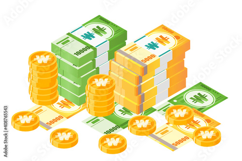 Bundle of South Korean Won Banknotes Money and Gold Coin Vector Isometric Design. South Korea Currency, Business, Finance and Payment Element. Can be Used for Digital and Printable Infographic.