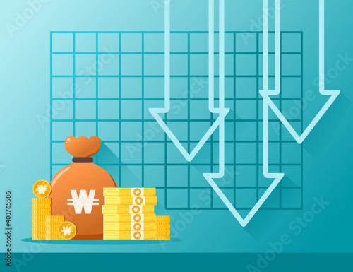 South Korean Won Exchange Rate Stock Market Value Price Decrease Down Vector Icon Logo Design. South Korea Currency, Finance and Economy Element. Can be used for Digital and Printable Infographic.