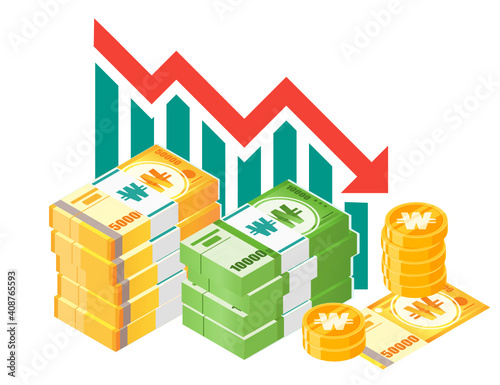 South Korean Won Exchange Rate Stock Market Value Price Decrease Down Vector Icon Logo Design. South Korea Currency, Finance and Economy Element. Can be used for Digital and Printable Infographic.