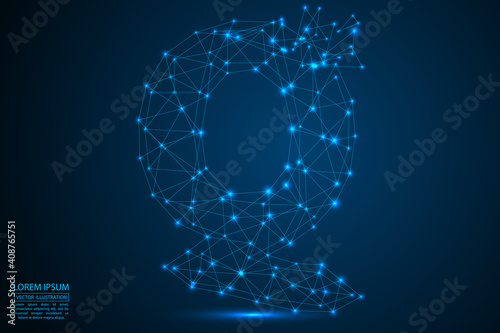 The destruction of the abstract font of English letters consists 3d of triangles, lines, dots and connections. On a dark blue background cosmic universe stars, meteorites, galaxies. Vector eps 10.