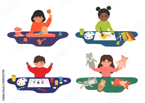 Children sensory, motor skills, creativity and imagination development playing concept. Set from kids play with sand, show puppet theatre, paint with finger paints and cut paper.