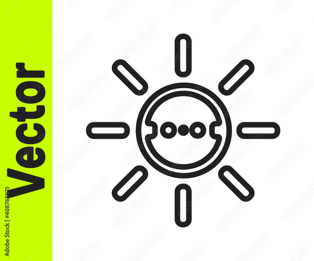 Black line Solar energy panel icon isolated on white background. Sun with lightning symbol. Vector.