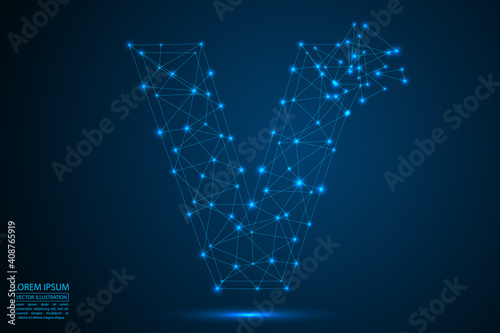 The destruction of the abstract font of English letters consists 3d of triangles, lines, dots and connections. On a dark blue background cosmic universe stars, meteorites, galaxies. Vector eps 10.