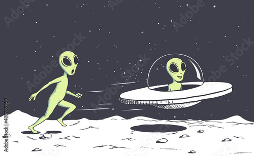 alien catching a flying saucer