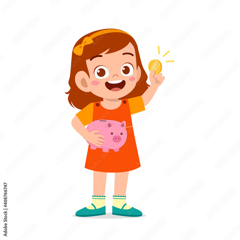 cute little kid girl carry piggy bank and golden coin cute little kid girl carry piggy bank and golden coin