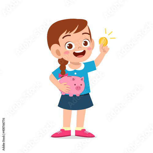cute little kid girl carry piggy bank and golden coin