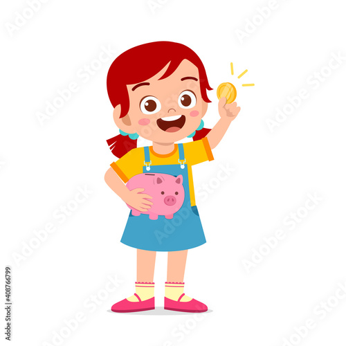 cute little kid girl carry piggy bank and golden coin