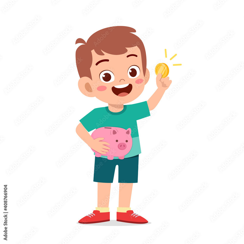 cute little kid boy carry piggy bank and golden coin