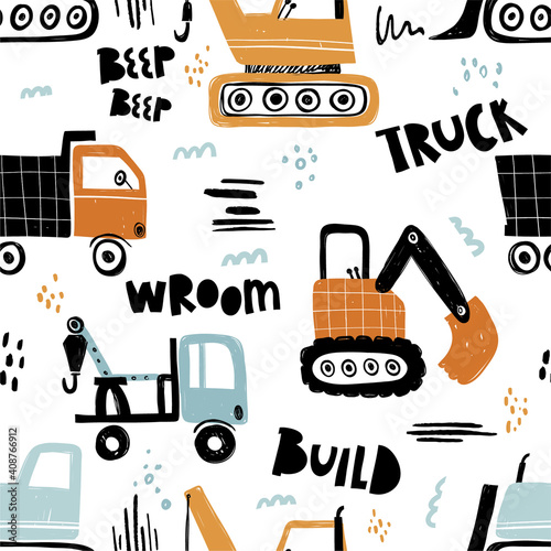 Vector hand-drawn seamless repeating children simple pattern with cars in Scandinavian style on a white background.Kids seamless pattern with building equipment. Funny construction transport