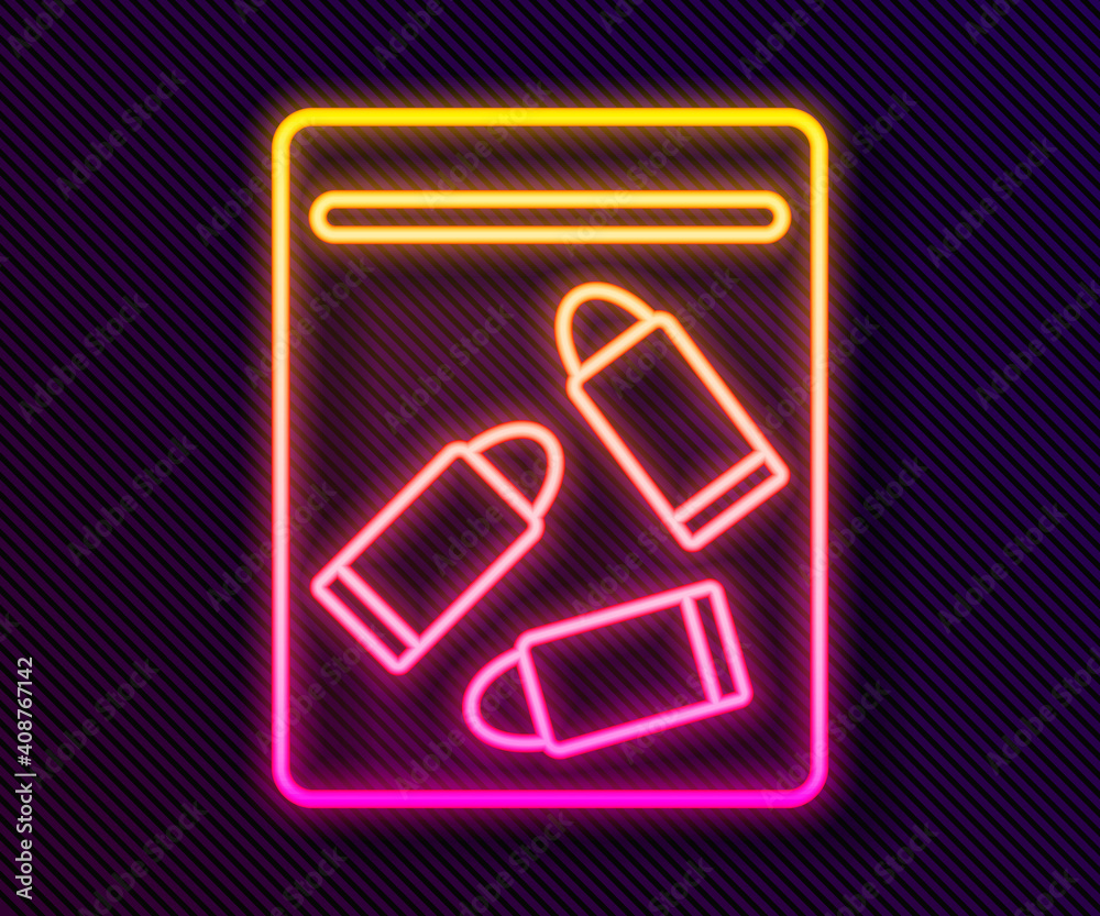 Glowing neon line Evidence bag and bullet icon isolated on black background. Vector.