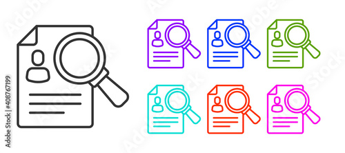 Black line Document, paper analysis magnifying glass icon isolated on white background. Evidence symbol. Set icons colorful. Vector.