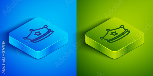 Isometric line Police cap with cockade icon isolated on blue and green background. Police hat sign. Square button. Vector.