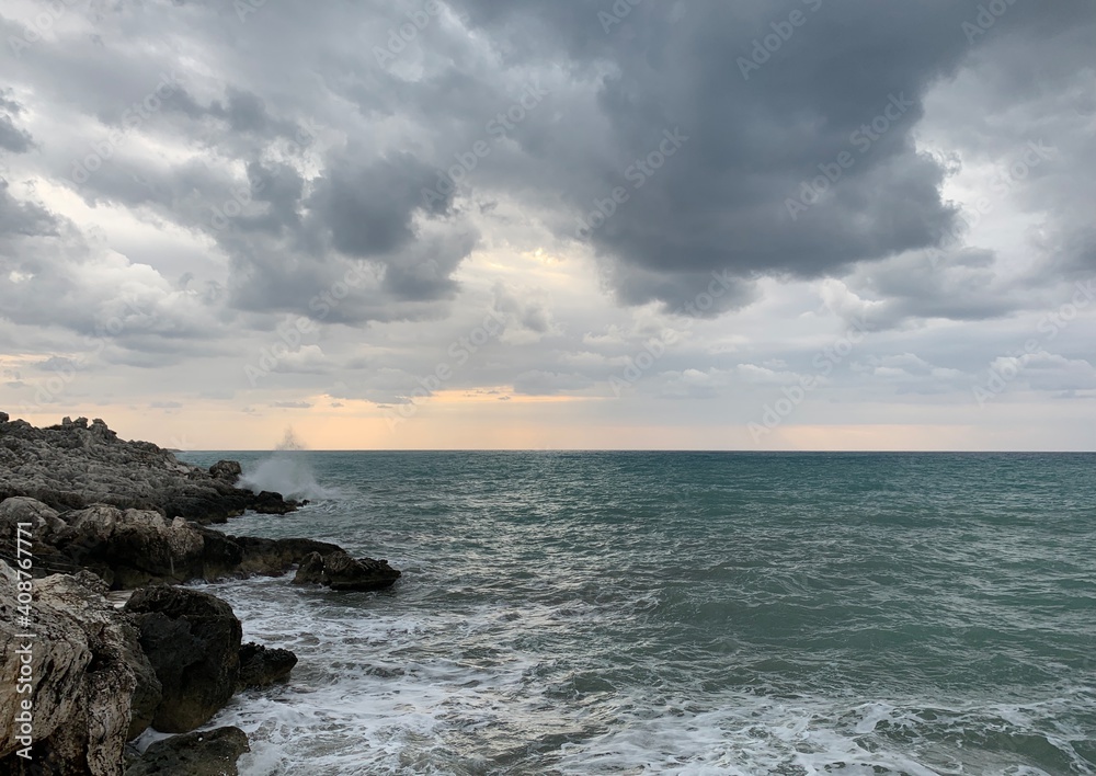 Stormy seascape background, rainy clouds