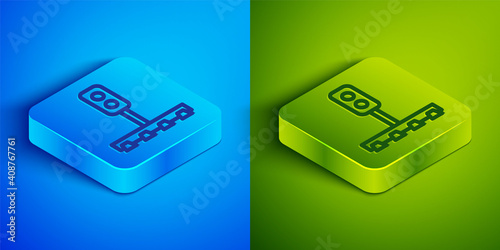 Isometric line Train traffic light icon isolated on blue and green background. Traffic lights for the railway to regulate the movement of trains. Square button. Vector.