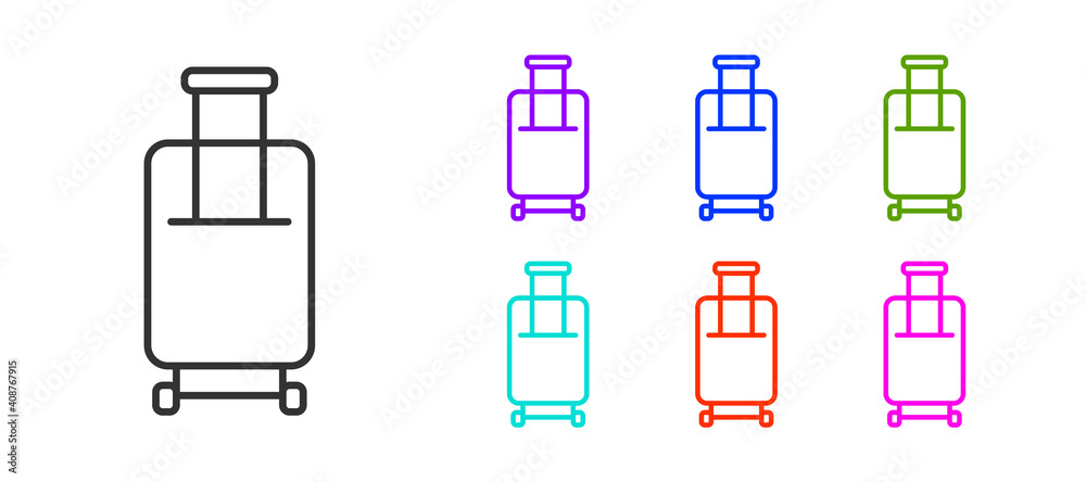Black line Suitcase for travel icon isolated on white background. Traveling baggage sign. Travel luggage icon. Set icons colorful. Vector. Black line Suitcase for travel icon isolated on white background. Traveling baggage sign. Travel luggage icon. Set icons colorful. Vector.