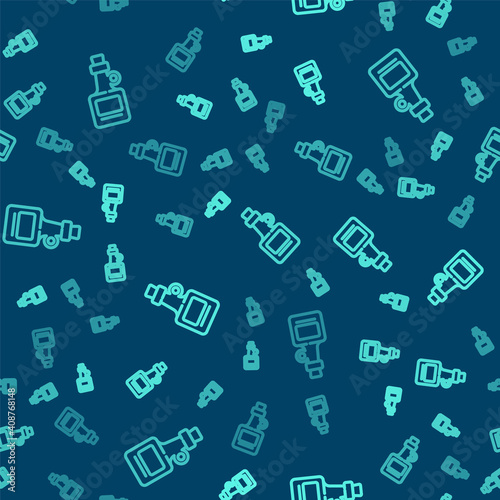 Green line Alcohol drink Rum bottle icon isolated seamless pattern on blue background. Vector.