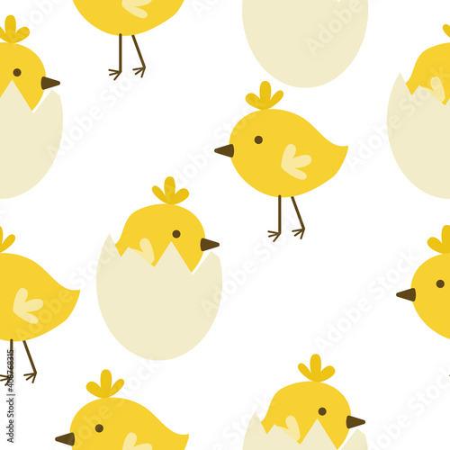 Seamless pattern of chickens in shell and without, yellow Easter birds on a white background