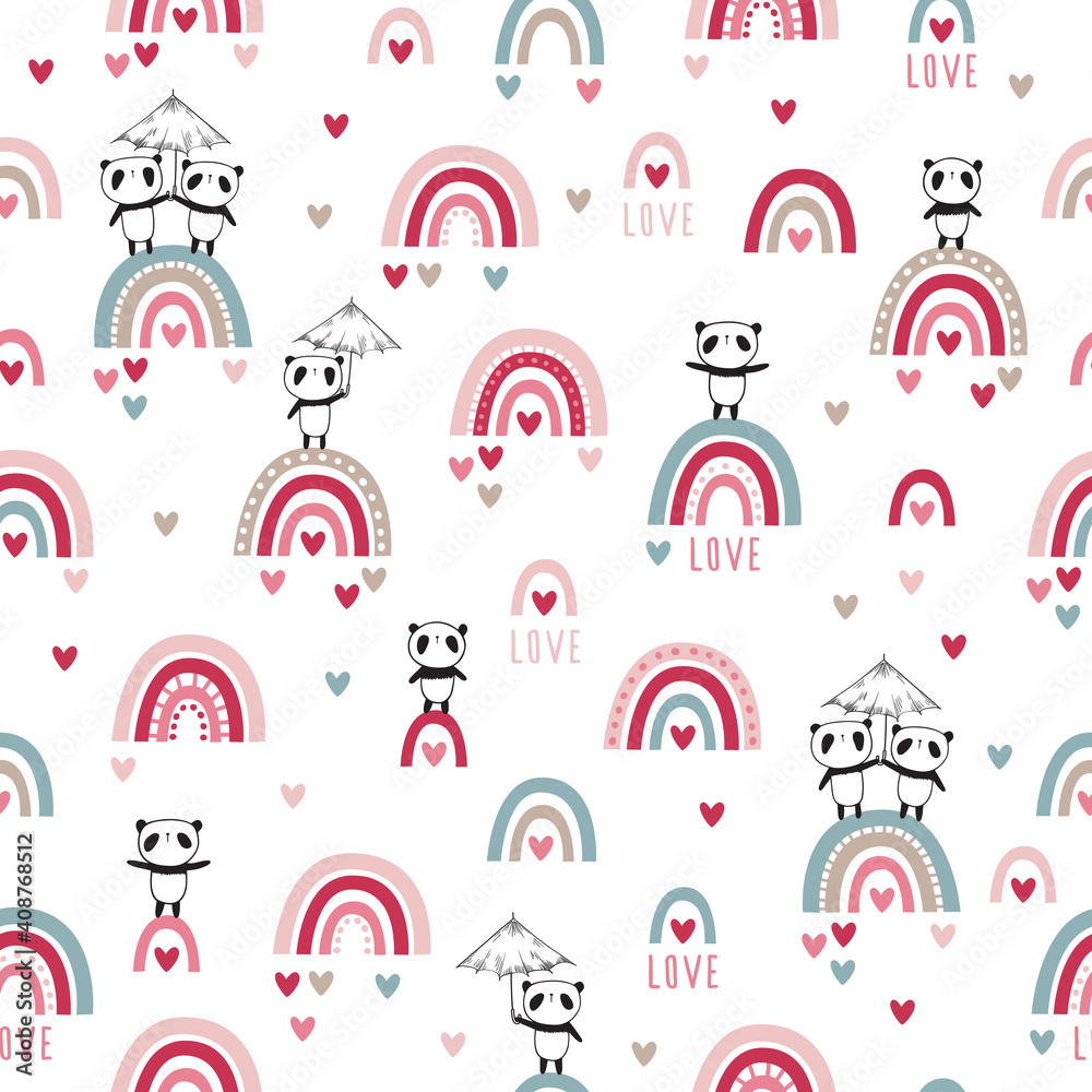 Seamless pattern with hand drawn cute pandas, rainbows and hearts. Background for Valentine's Day, wedding, gift wrap, textile, fabric manufacturing, wallpaper, covers, surface, print, scrapbooking. Seamless pattern with hand drawn cute pandas, rainbows and hearts. Background for Valentine's Day, wedding, gift wrap, textile, fabric manufacturing, wallpaper, covers, surface, print, scrapbooking.