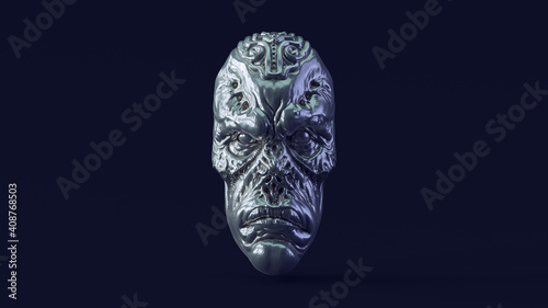 Antique Silver Alien Face with Green Blue White Moody 80s lighting 3d illustration 3d render