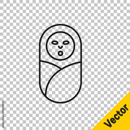 Black line Newborn baby infant swaddled or swaddling icon isolated on transparent background. Baby kid child wrapped in blanket clothes. Vector.