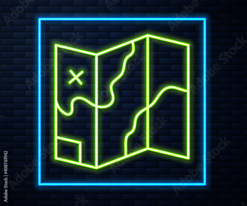 Glowing neon line Folded map icon isolated on brick wall background. Vector.