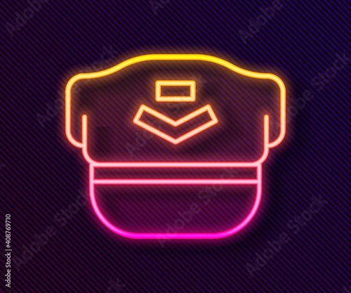 Glowing neon line Pilot hat icon isolated on black background. Vector.