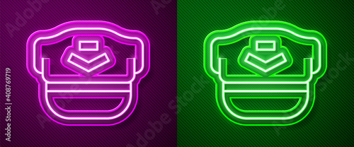 Glowing neon line Pilot hat icon isolated on purple and green background. Vector.