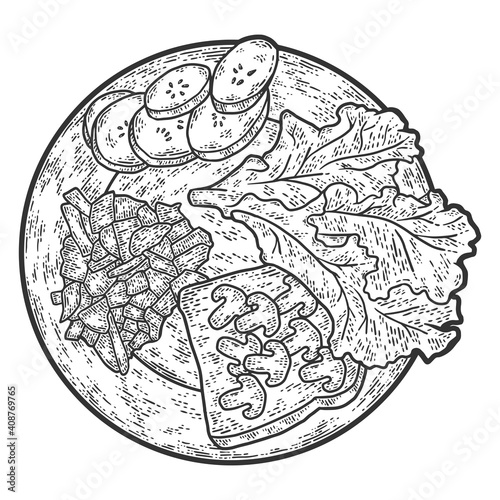 Food on a plate. Engraving vector illustration. Sketch scratch. photo