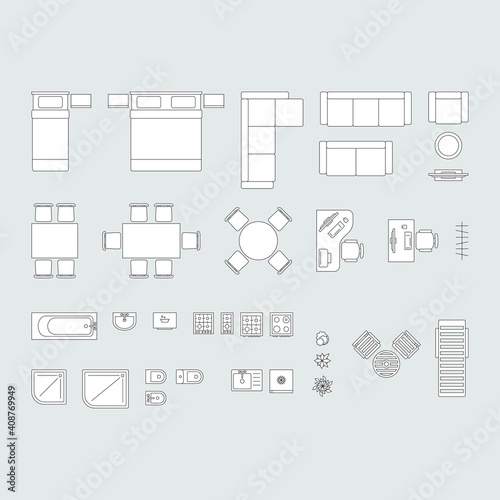 Furniture for living room, kitchen, bedroom and bathroom. Furniture icons set for apartment plan. Top view. 