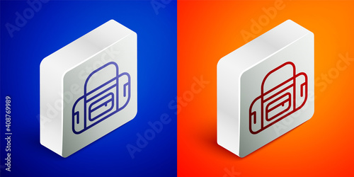 Isometric line Sport bag icon isolated on blue and orange background. Silver square button. Vector.