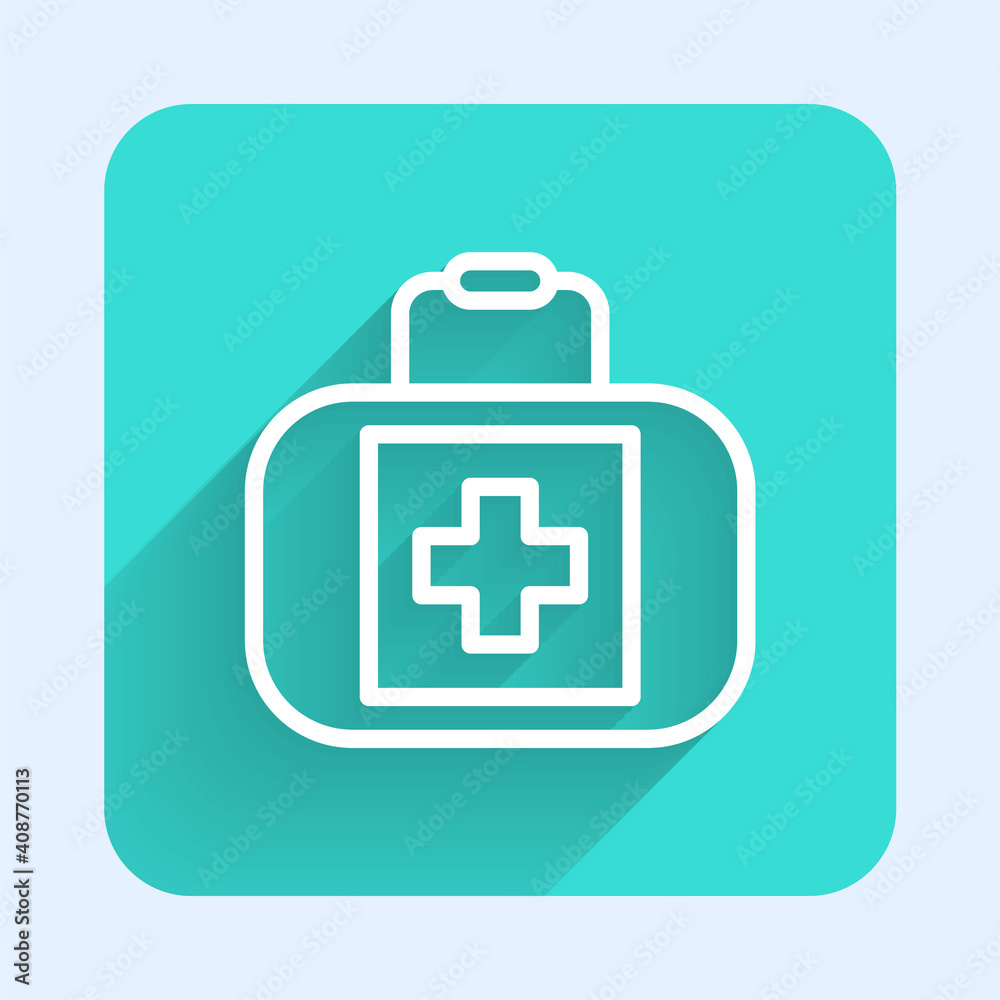 Obraz premium White line First aid kit icon isolated with long shadow. Medical box with cross. Medical equipment for emergency. Healthcare concept. Green square button. Vector.