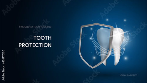Snow white, sparkling tooth protects itself with a shield against dental diseases. Teeth protection concept for dental advertising on dark blue background. Realistic vector 3d model