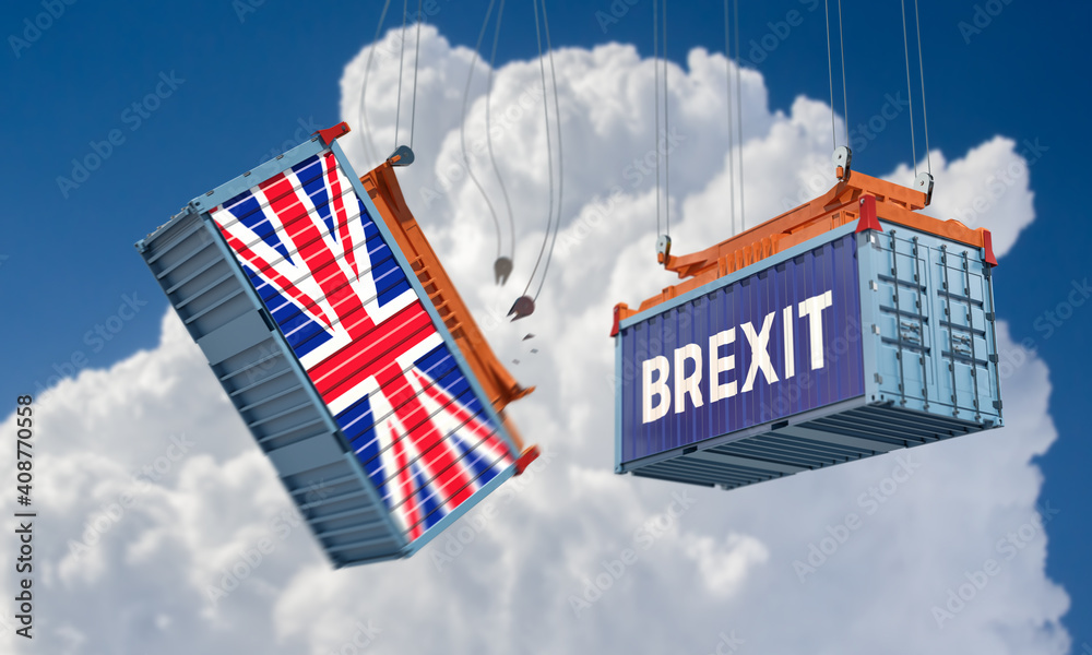 Brexit. Freight Container with United Kingdom Flag is falling because of an accident. 3D Rendering
