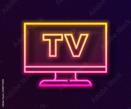 Glowing neon line Smart Tv icon isolated on black background. Television sign. Vector.
