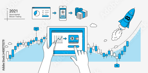 Using tablet for trading bitcoin. Stock market trading platform illustration in linear style. Basic graphics with rocket, candle chart and technical analysis symbols. 